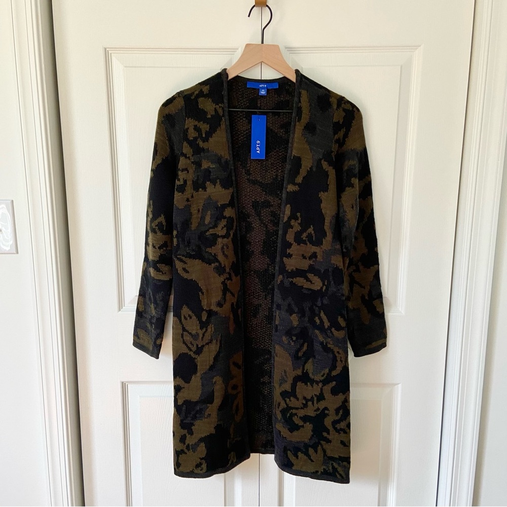 Apt 9 Longline Open Cardigan Gray Green Multicolor Camo Camouflage Women's Sz XS